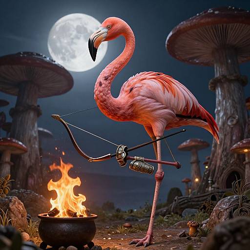 Photorealistic digital art of a pink flamingo with a bow and arrow, aiming at a fire while moonlit mushrooms surround.