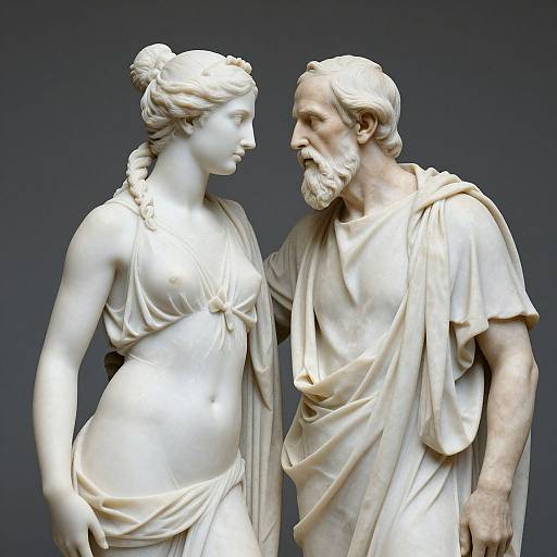 Photograph of a white marble statue depicting a bearded, muscular man in a toga gazing at a young, slender woman with a tied-up