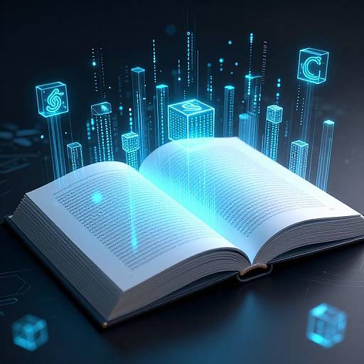 Digital illustration of an open book glowing blue, surrounded by neon blue data cubes and lines, set against a dark background.