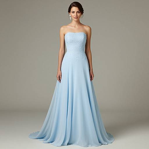 Photograph of a woman in a strapless, light blue, lace-embellished, floor-length wedding gown with a flowing skirt, standing against