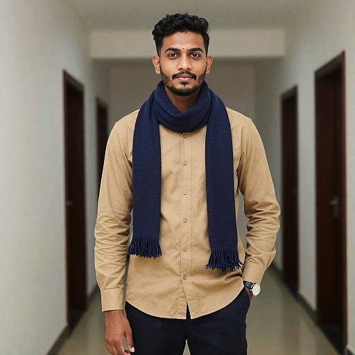 Man in Tan Shirt and Blue Scarf
