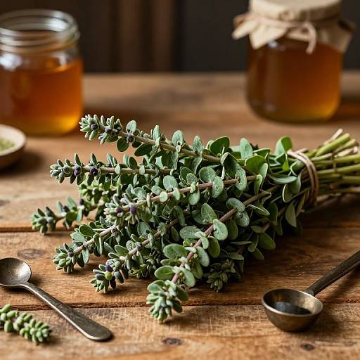 Photograph of fresh green rosemary sprigs on rustic wooden table with metal spoon, small bowl, and two glass jars of honey.