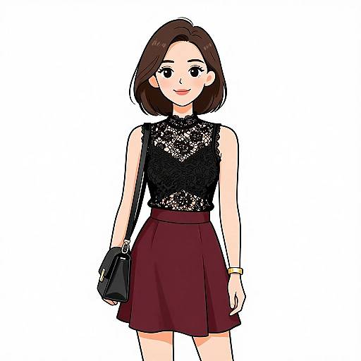 Digital illustration of a smiling young woman with short brown hair, wearing a black lace sleeveless top and maroon skirt, holding a black handbag,