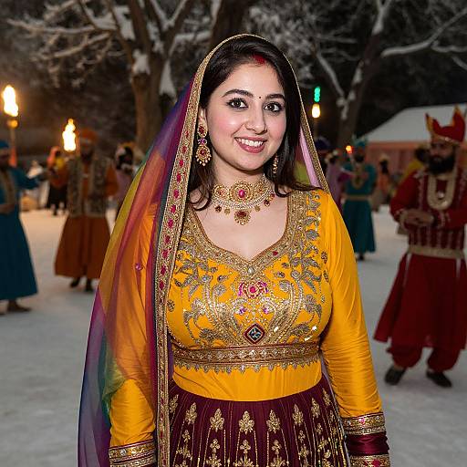 Photograph of a smiling South Asian woman in a vibrant yellow and gold embroidered traditional dress with a purple dupatta, adorned with jewelry, standing in a