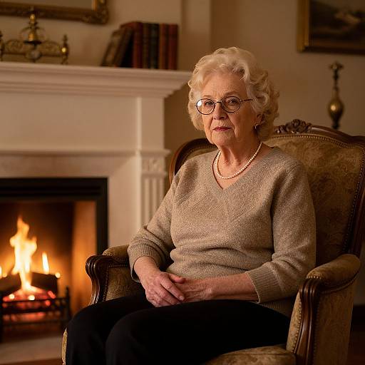 Photograph of an elderly white woman with short curly white hair, glasses, and a beige sweater, sitting in an ornate armchair in front of