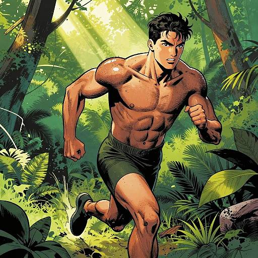 Muscular, shirtless man with dark hair in black shorts runs through vibrant, sunlit jungle, dynamic comic-style illustration.