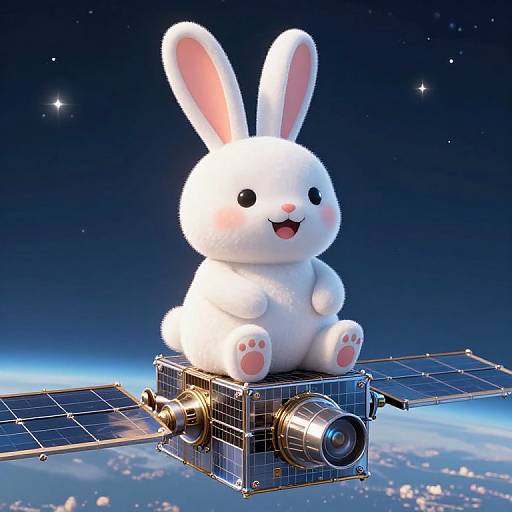 Whimsical CGI image of a cute, fluffy white bunny with pink ears and paws sitting on a satellite, against a starry night sky and