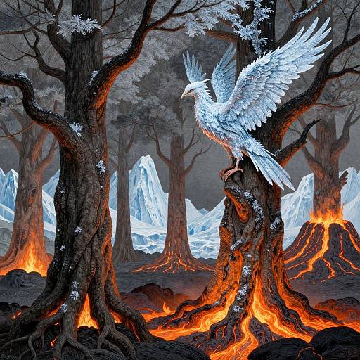 Digital artwork of a white, winged bird perched on a black, glowing tree in a snowy, volcanic forest with fiery roots.