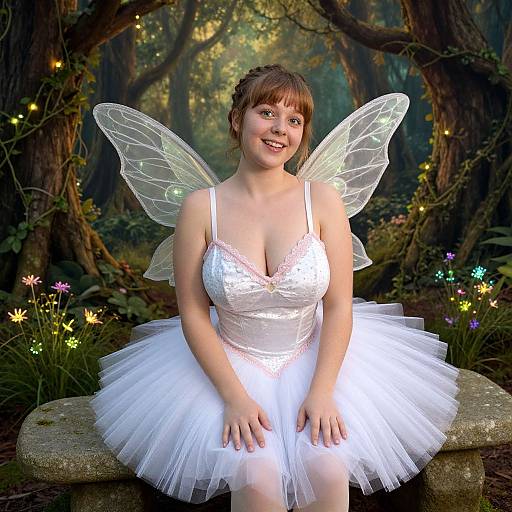 Photograph of a smiling fair-skinned woman with brown hair in a white lace bodice and tutu, wearing transparent fairy wings, sitting on a