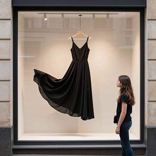 Photograph of a brunette woman in black shirt and jeans, gazing at a black, sleeveless dress on a hanger in a brightly lit storefront