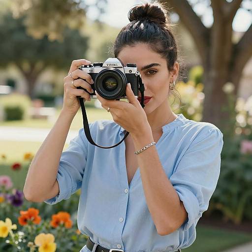 Woman Photographer in Sunlit Garden