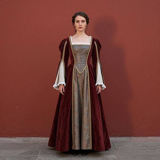 Photograph of a young woman with dark hair in a Renaissance-style maroon velvet dress with white lace sleeves, standing against a solid red background.