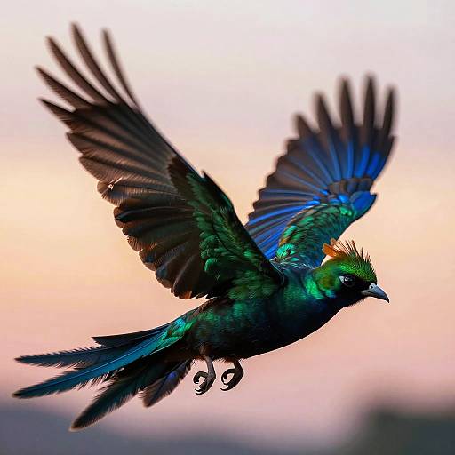 Photograph of a vibrant, iridescent bird in mid-flight, showcasing dark blue and green feathers against a soft, pastel pink and orange sunset
