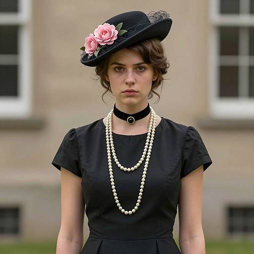 Edwardian Style Woman in Black Dress with Pearl Necklace