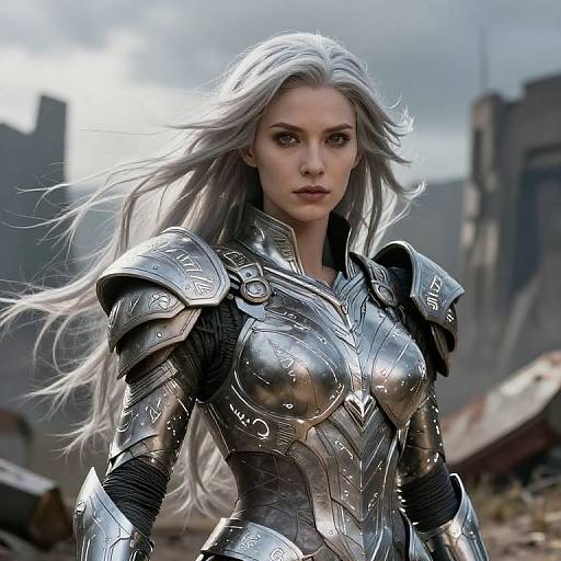 Digital artwork of a fierce, silver-haired woman in detailed, silver armor standing amid a ruined, cloudy cityscape background.