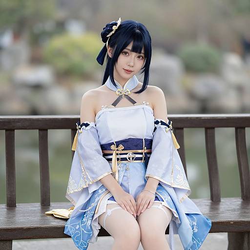 Photograph of an Asian woman with black hair in a white and blue traditional Japanese outfit, sitting on a wooden bench, blurred nature background, serene expression