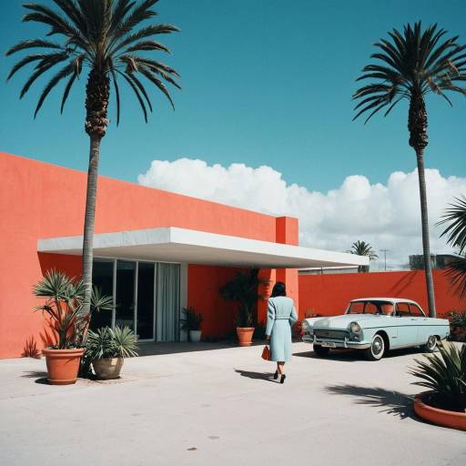 Retro Modern Coral Red Building with Classic Car