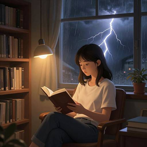 Photograph-like digital art of a young Asian woman in a white t-shirt, reading a book by a window, lightning illuminating the rainy night outside