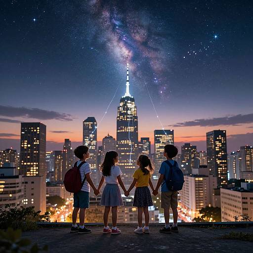 Photograph of three children holding hands, facing a cityscape at night with the Milky Way and city lights, wearing backpacks.