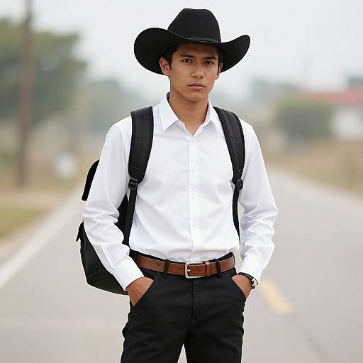 Photograph of a young Hispanic boy with medium skin tone, wearing a black cowboy hat, white shirt, black pants, brown belt, and black backpack
