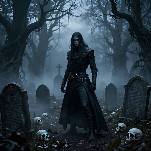 Digital painting of a dark, eerie forest at night. A grim, long-haired figure in black armor stands among tombstones, surrounded by scattered skulls and