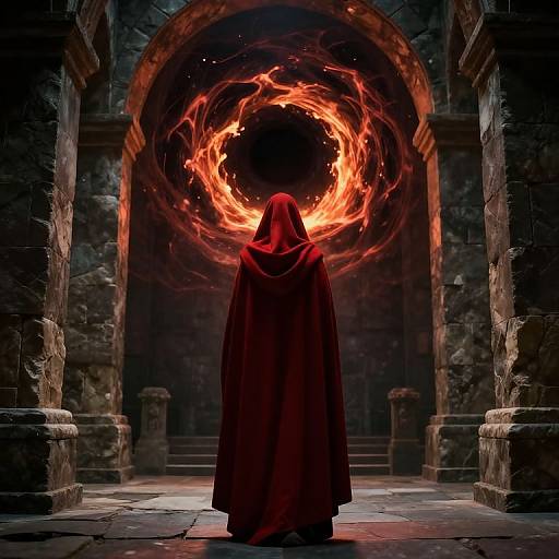 Mysterious figure in red hooded cloak stands before fiery portal in dark, stone archway. Digital art with vivid flames and dramatic shadows.