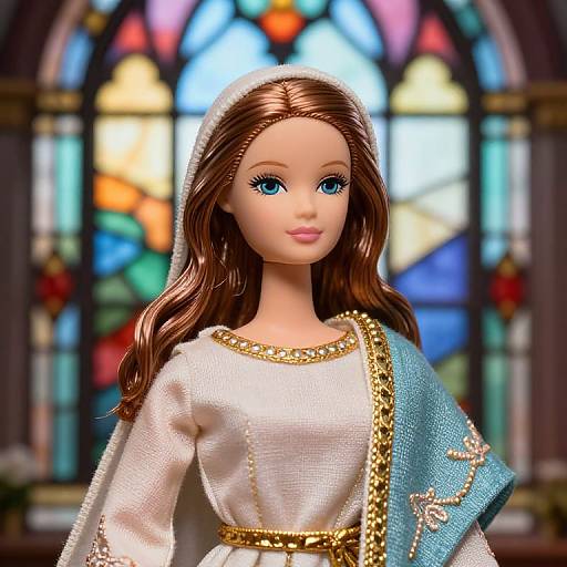 Photorealistic doll with blue eyes, brown hair, white dress, blue sash, and headscarf, standing in front of a colorful stained