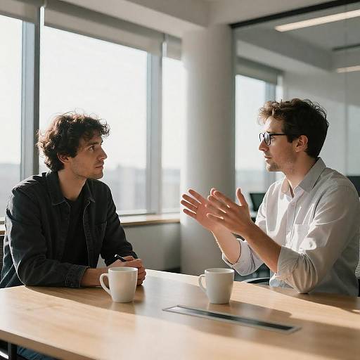 Two Men Discussing in Sunlit Office