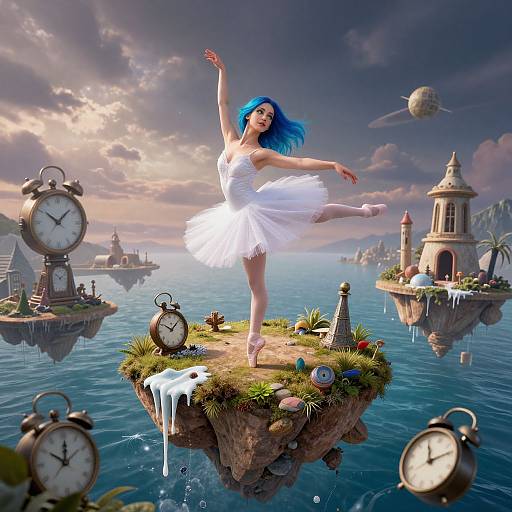 Digital artwork: Blue-haired ballerina in a white dress balances on a floating clock island, surrounded by clock towers and surreal water.