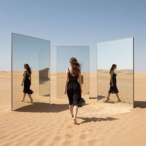 Photograph of a woman in a black dress walking barefoot through a desert, surrounded by three tall, mirrored panels reflecting her image. Clear blue sky