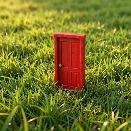 Photograph of a small, vibrant red wooden door standing alone in a lush, sunlit green grass field.