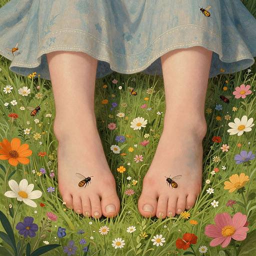 Digital illustration of bare feet in a colorful meadow, surrounded by vibrant flowers and butterflies, wearing a blue, floral-patterned skirt.