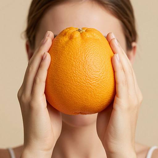 Photograph of a person with brown hair, holding a bright orange, textured citrus fruit in front of their face, blurring their features. Light beige
