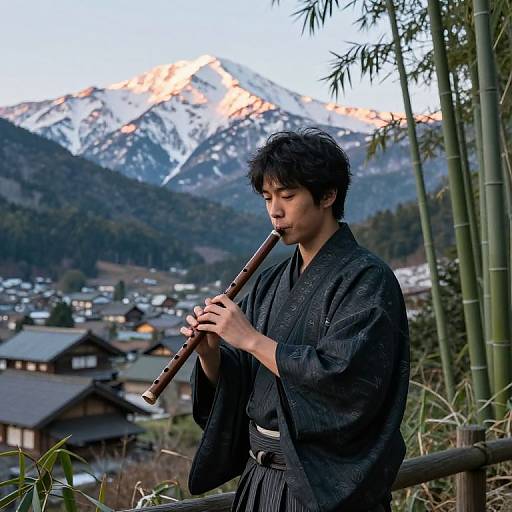 East Asian man in black kimono plays wooden flute against snowy mountain backdrop, traditional village below, bamboo to the right. Photograph.