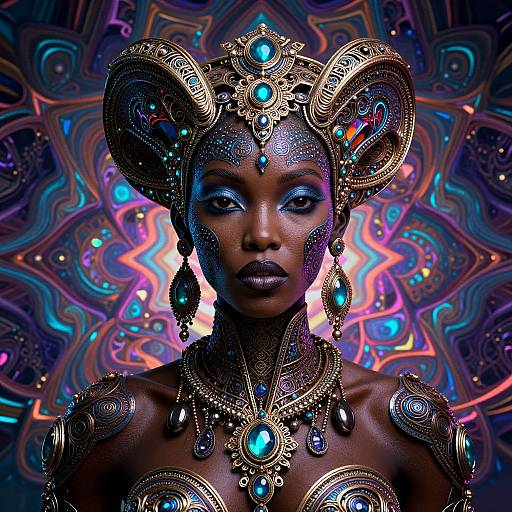 Digital art of a dark-skinned woman with intricate golden and turquoise jewelry, elaborate headpiece, and vibrant, symmetrical mandala background.