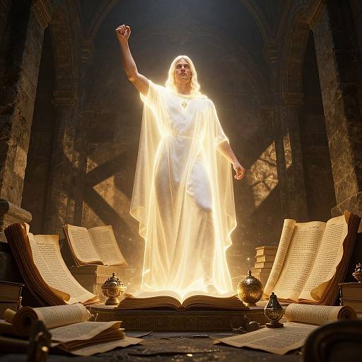 Photograph of a glowing woman in a white, ethereal gown standing amidst an open book, surrounded by scattered scrolls and golden orbs in a dimly