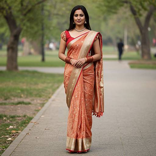 Elegant Woman in Saree on Path