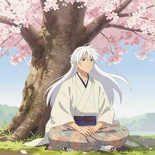 Anime-style drawing of a white-haired, blue-eyed man in a white kimono and floral pants, sitting under a cherry blossom tree.
