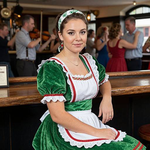 Photograph of a young woman with fair skin and brown hair, wearing a green velvet maid dress with white lace trim, sitting at a bar, smiling