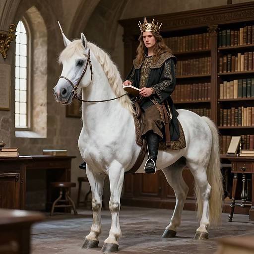 Photograph of a long-haired, crown-wearing man in medieval attire, riding a white horse in a library with tall bookshelves.