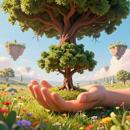 Photorealistic CGI of a child's hand gently cupping a vibrant flower meadow beneath a large tree, with floating islands in the bright blue sky