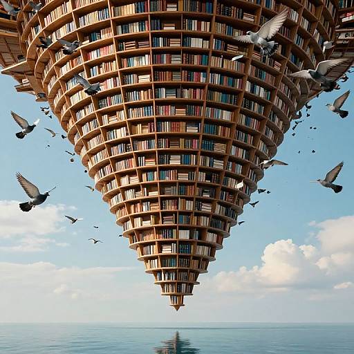 Photorealistic digital art: towering, cylindrical library with countless books, suspended above a calm sea, with numerous birds flying around it.