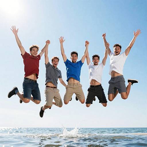 Joyful Mid-Air Jumping Men in Blue Sky