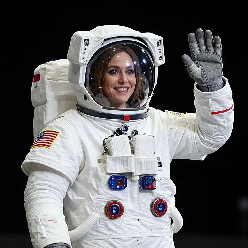 Photograph of a smiling woman in a white NASA astronaut suit with American flag patch, waving against a black background.