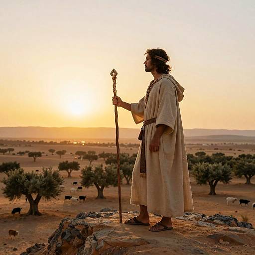 Photograph of a silhouetted, bearded man in ancient robes holding a staff, standing on a rocky outcrop at sunset in a desert