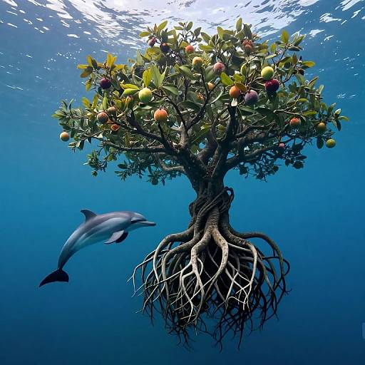 Photograph of an underwater apple tree with colorful fruit, visible roots, and a dolphin swimming nearby in clear blue water.