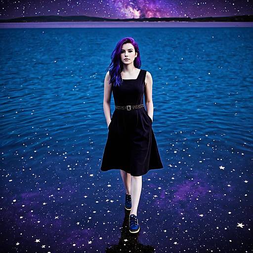 Photograph of a young woman with long purple hair, wearing a black sleeveless dress with a belt, standing in a starry, cosmic blue ocean