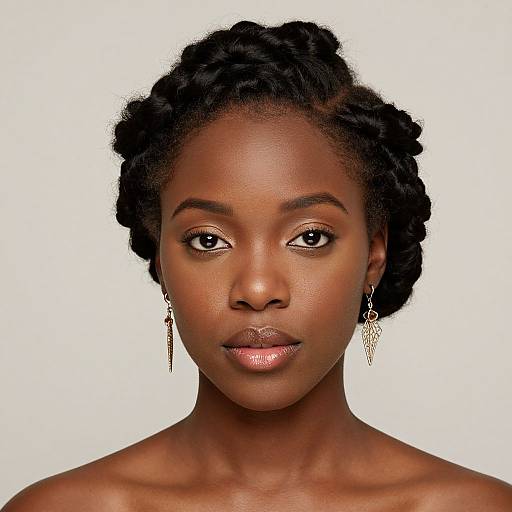 Photograph of a beautiful Black woman with dark skin, short twisted hair, large brown eyes, subtle makeup, and gold dangling earrings. White background.