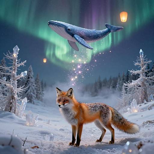 Fox and Celestial Whale under Northern Lights