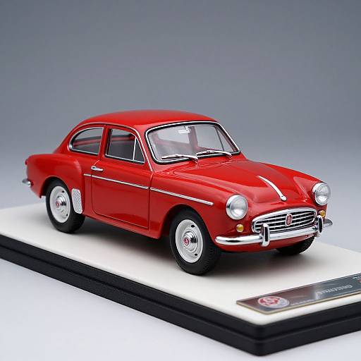 Photograph of a detailed, bright red vintage car model with white trim, displayed on a black and white pedestal against a gradient gray background.
